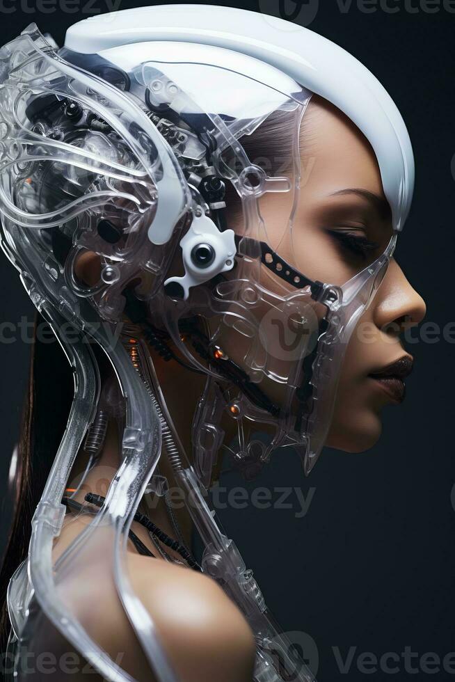 an image of a woman wearing a futuristic helmet photo