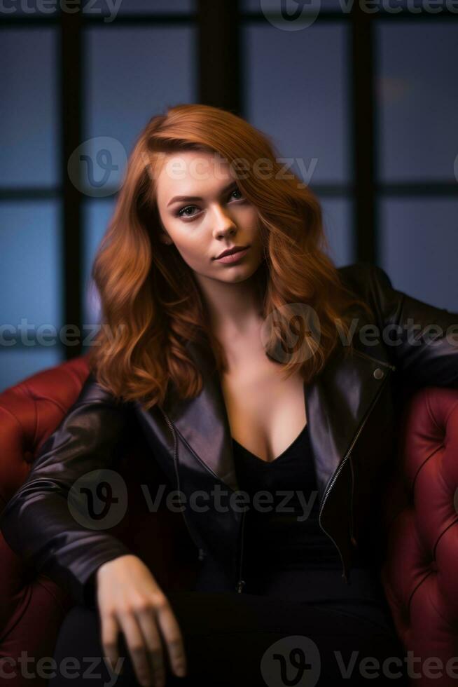 beautiful redhead woman in black leather jacket sitting on red leather chair generative ai photo