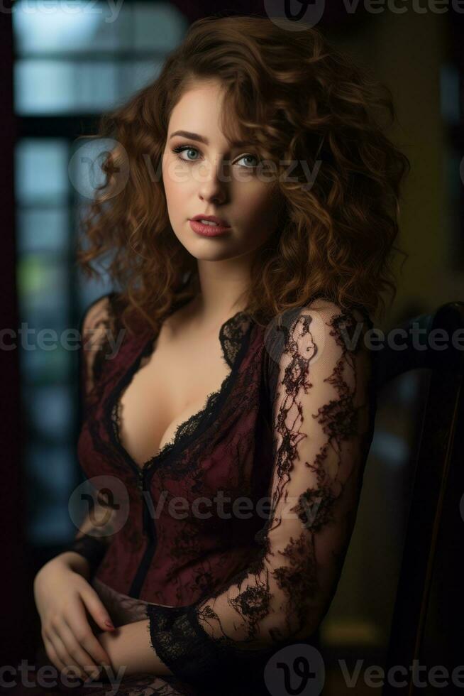 beautiful woman with curly hair sitting on a chair generative ai photo