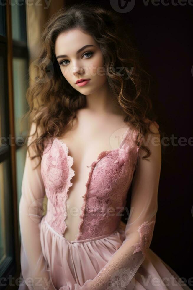 beautiful young woman in pink dress posing by window generative ai photo