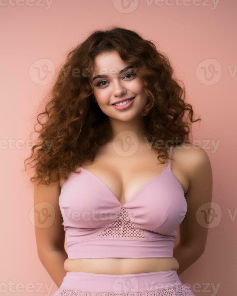 beautiful young woman with curly hair wearing a pink bra top generative ai photo