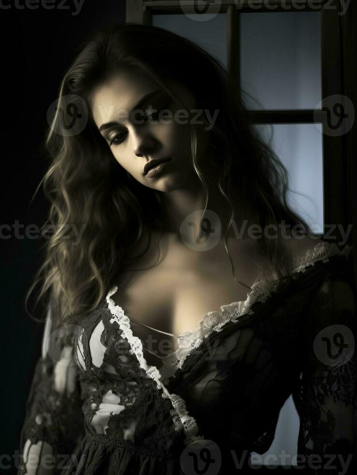 black and white photo of a woman in a lace dress generative ai