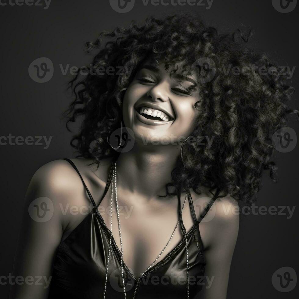 black and white photo of a woman with curly hair generative ai