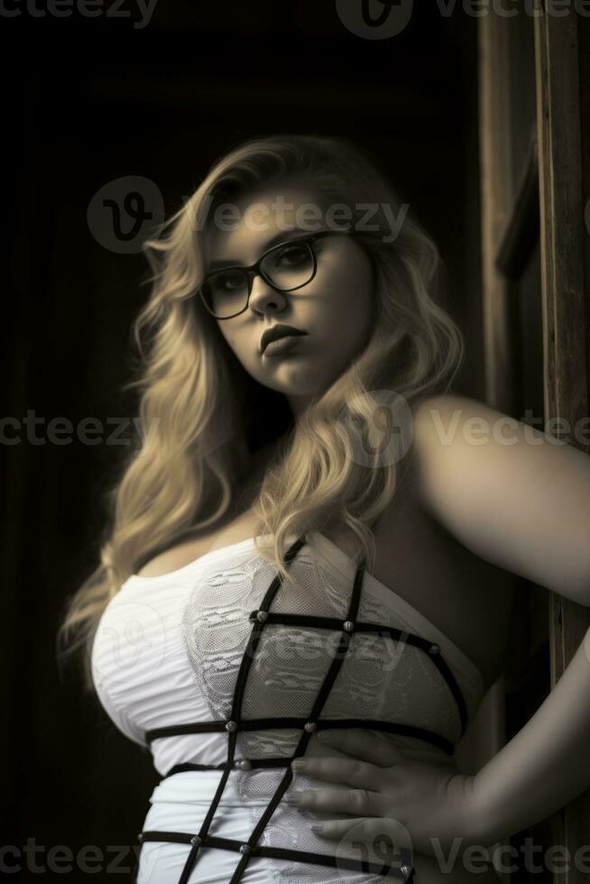black and white photo of a woman wearing glasses generative ai