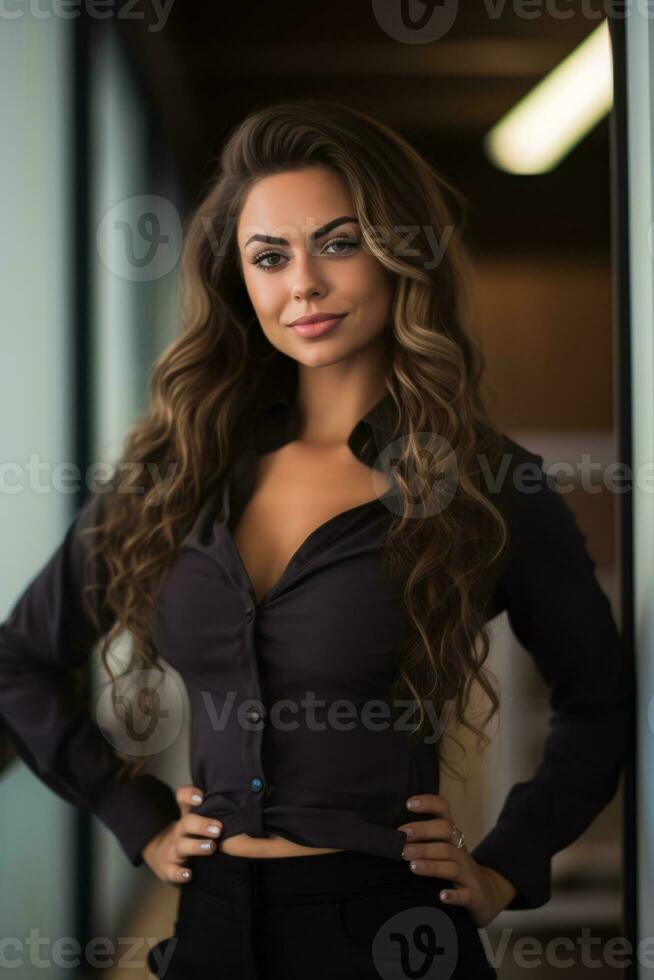 portrait of a beautiful young business woman standing in an office with her hands on her hips generative ai photo