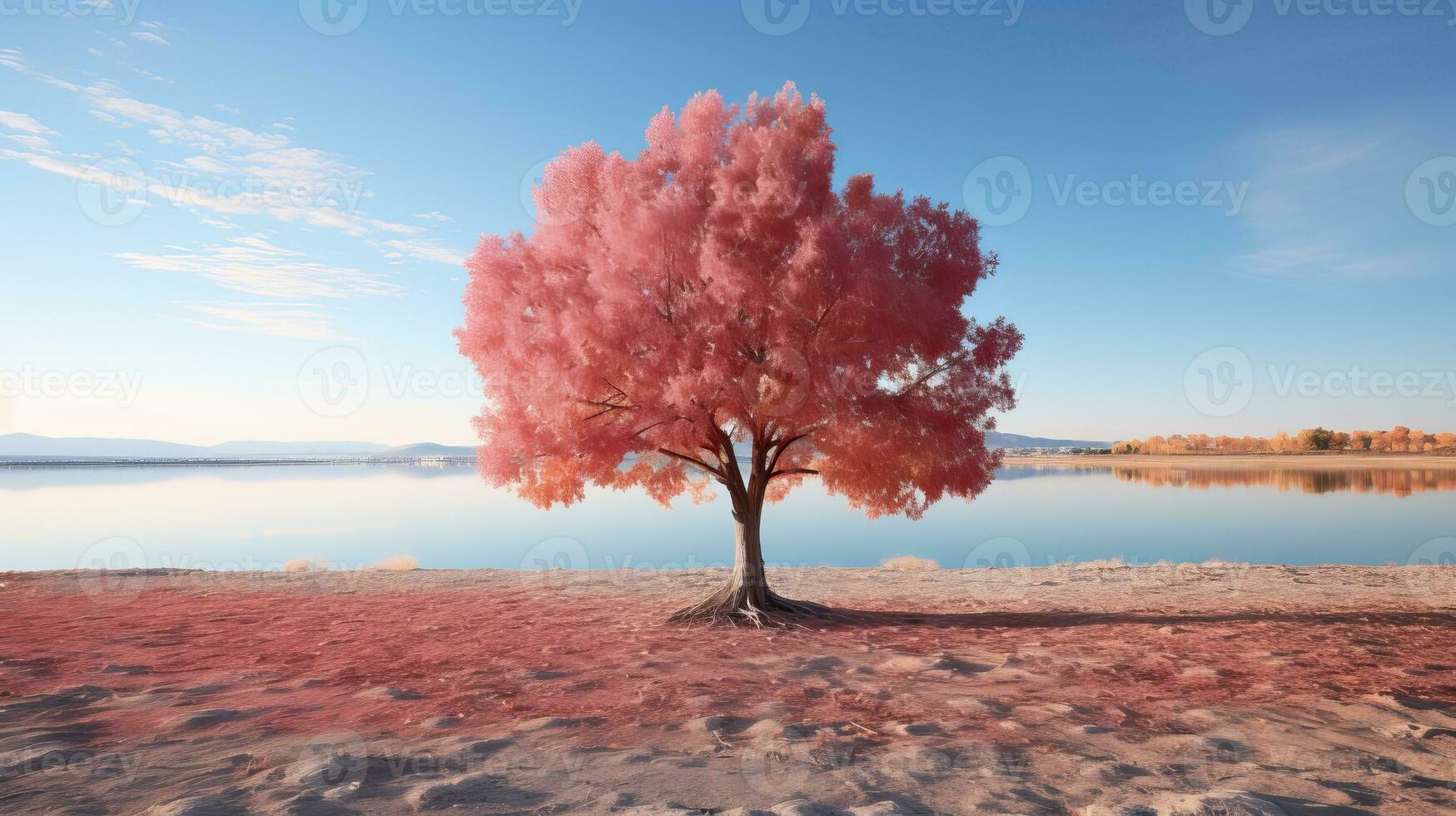 3d rendering of a pink tree on the shore of a lake generative ai photo