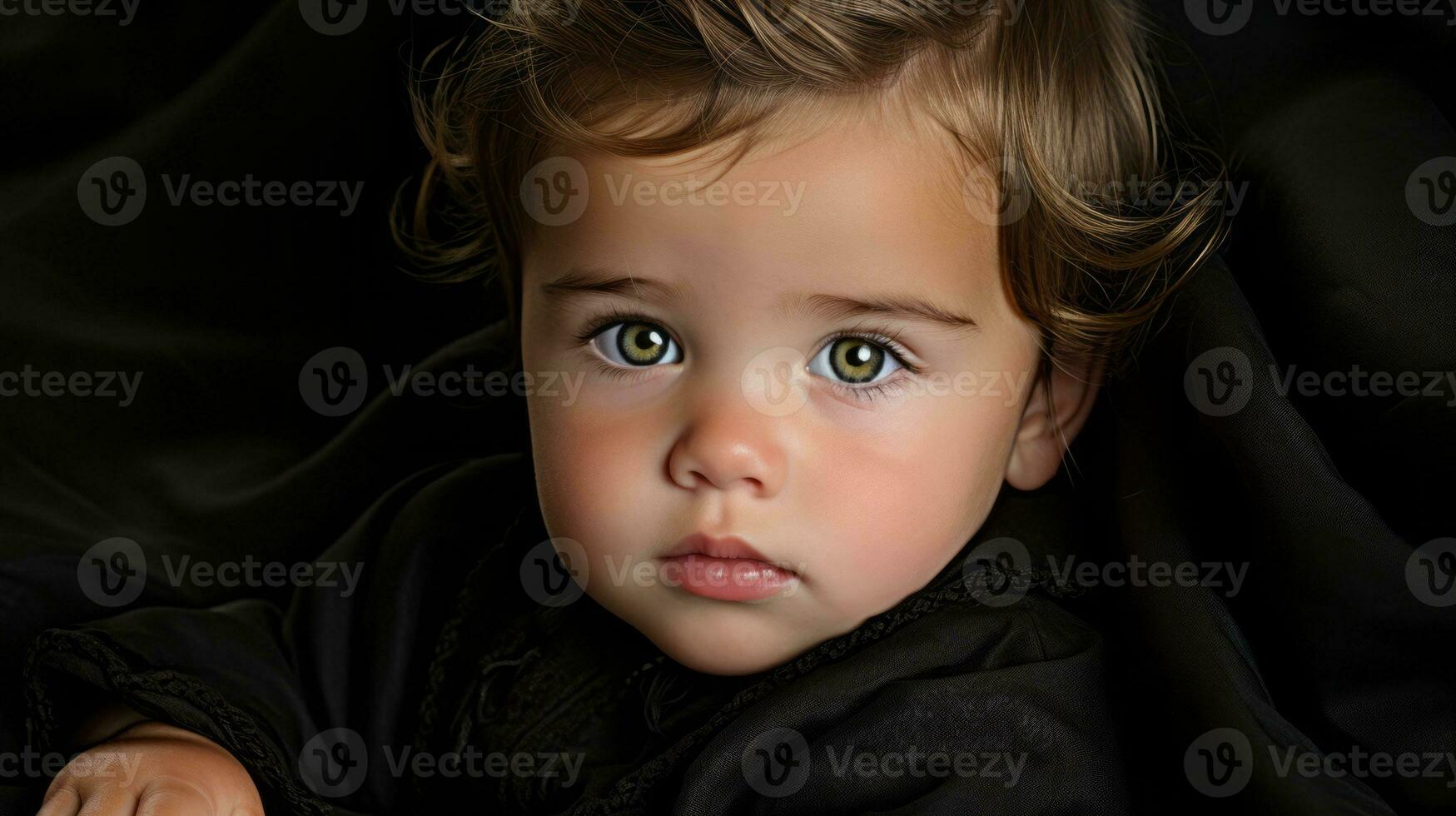 a baby with green eyes laying on a black blanket generative ai