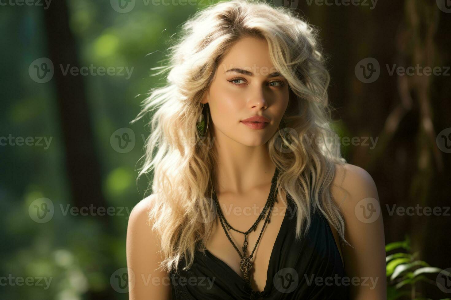 a beautiful blonde woman in a black dress standing in the woods generative ai photo