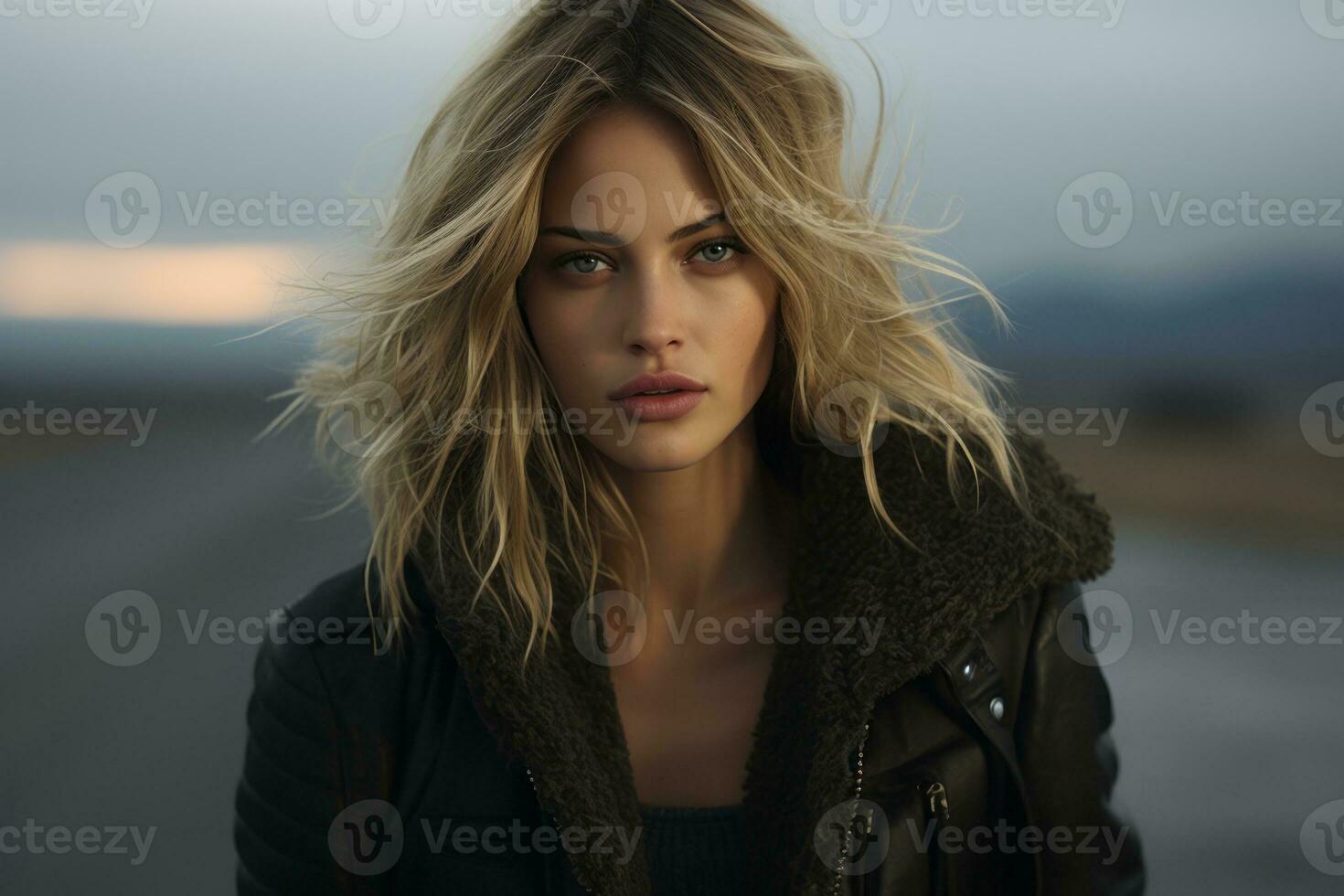 a beautiful blonde woman in a leather jacket standing in the middle of an empty road generative ai photo