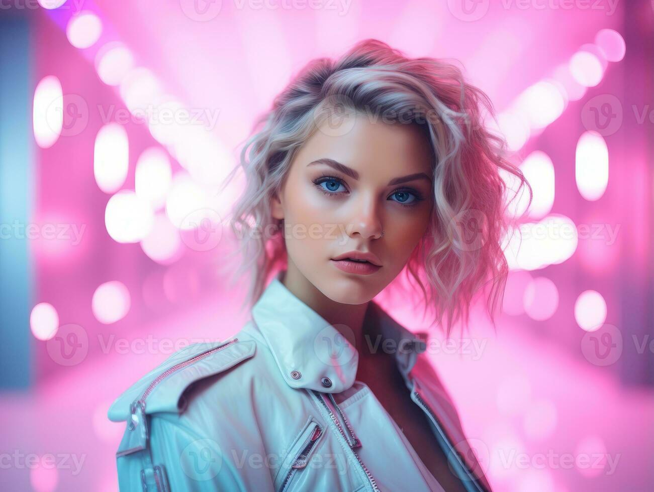 a beautiful blonde woman in a white leather jacket standing in front of pink lights generative ai photo