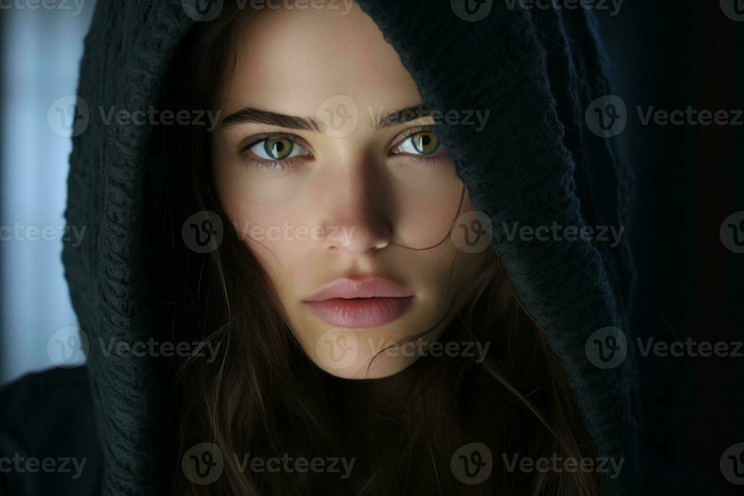 a beautiful woman in a hoodie looking into the camera generative ai photo