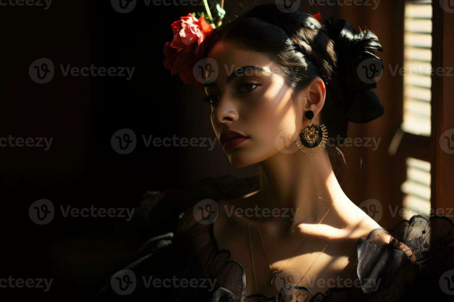 a beautiful woman with a flower in her hair generative ai photo