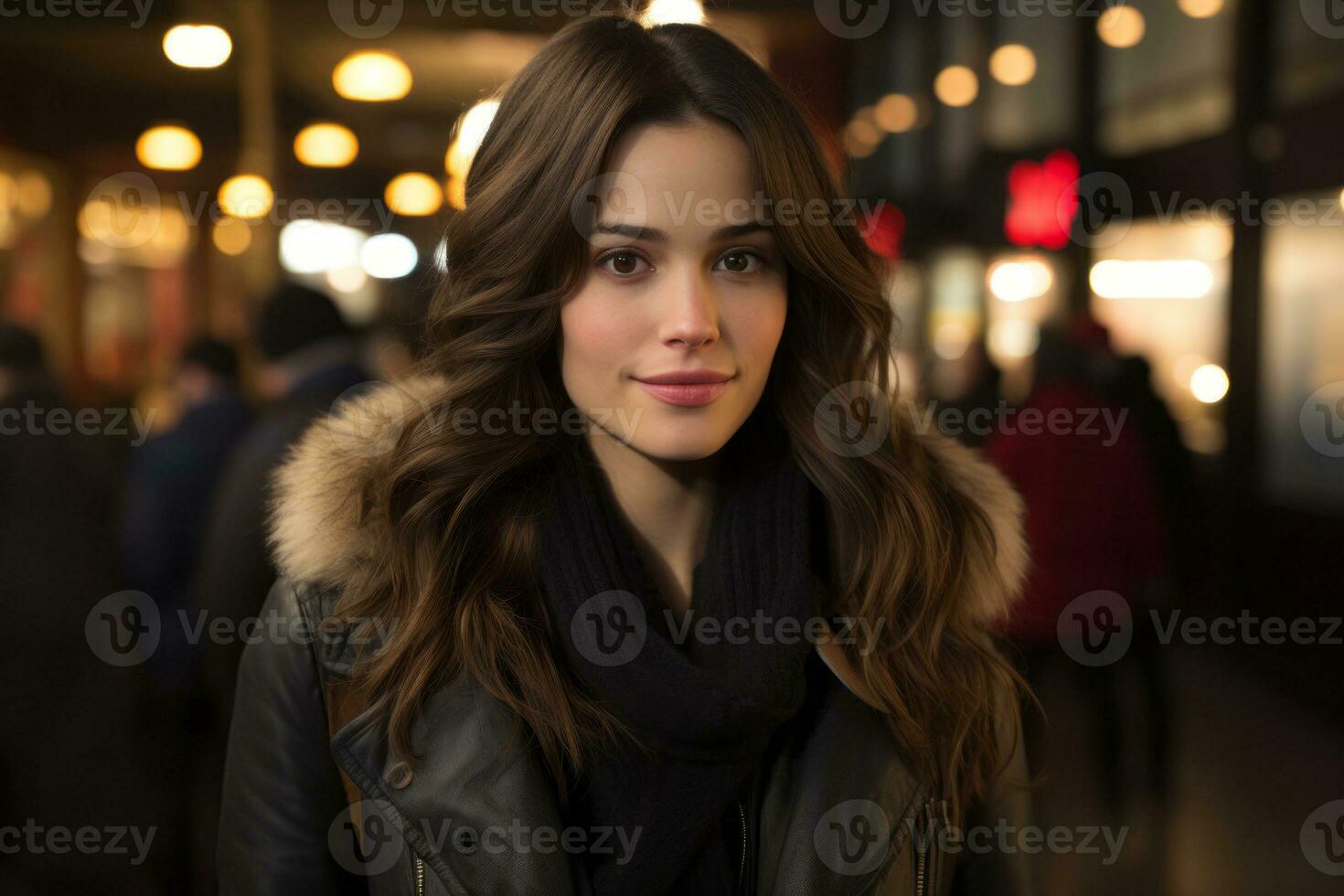 a beautiful young woman in a black jacket and scarf generative ai photo