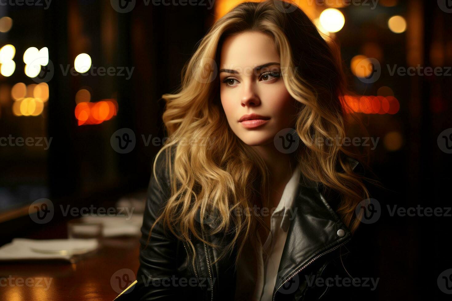 a beautiful young woman in a leather jacket sitting at a table generative ai photo