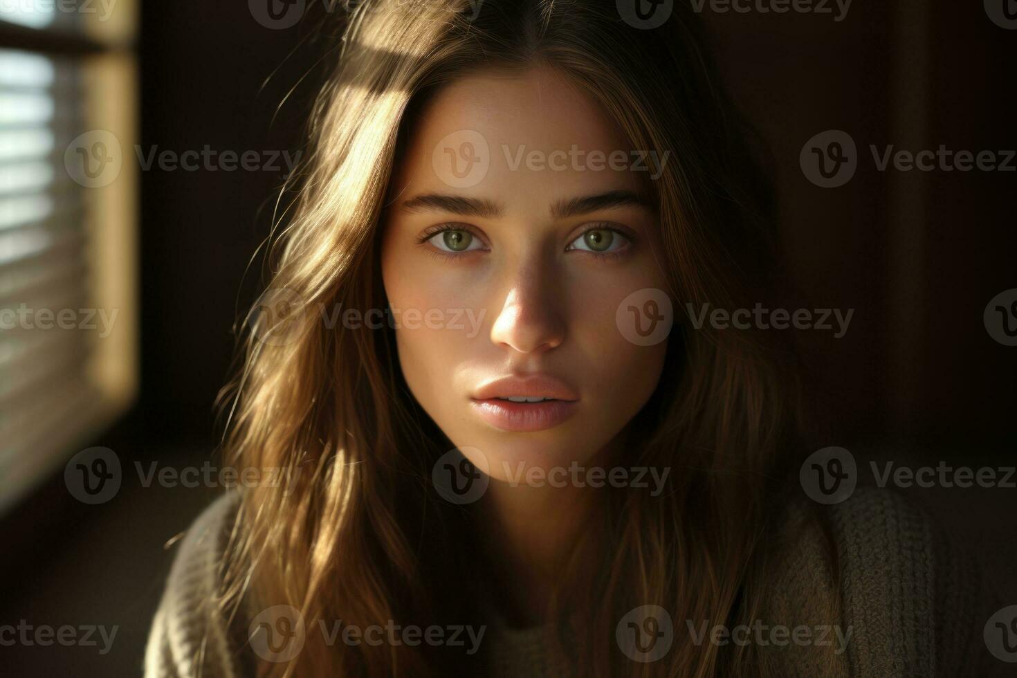 a beautiful young woman with green eyes is looking at the camera generative ai photo