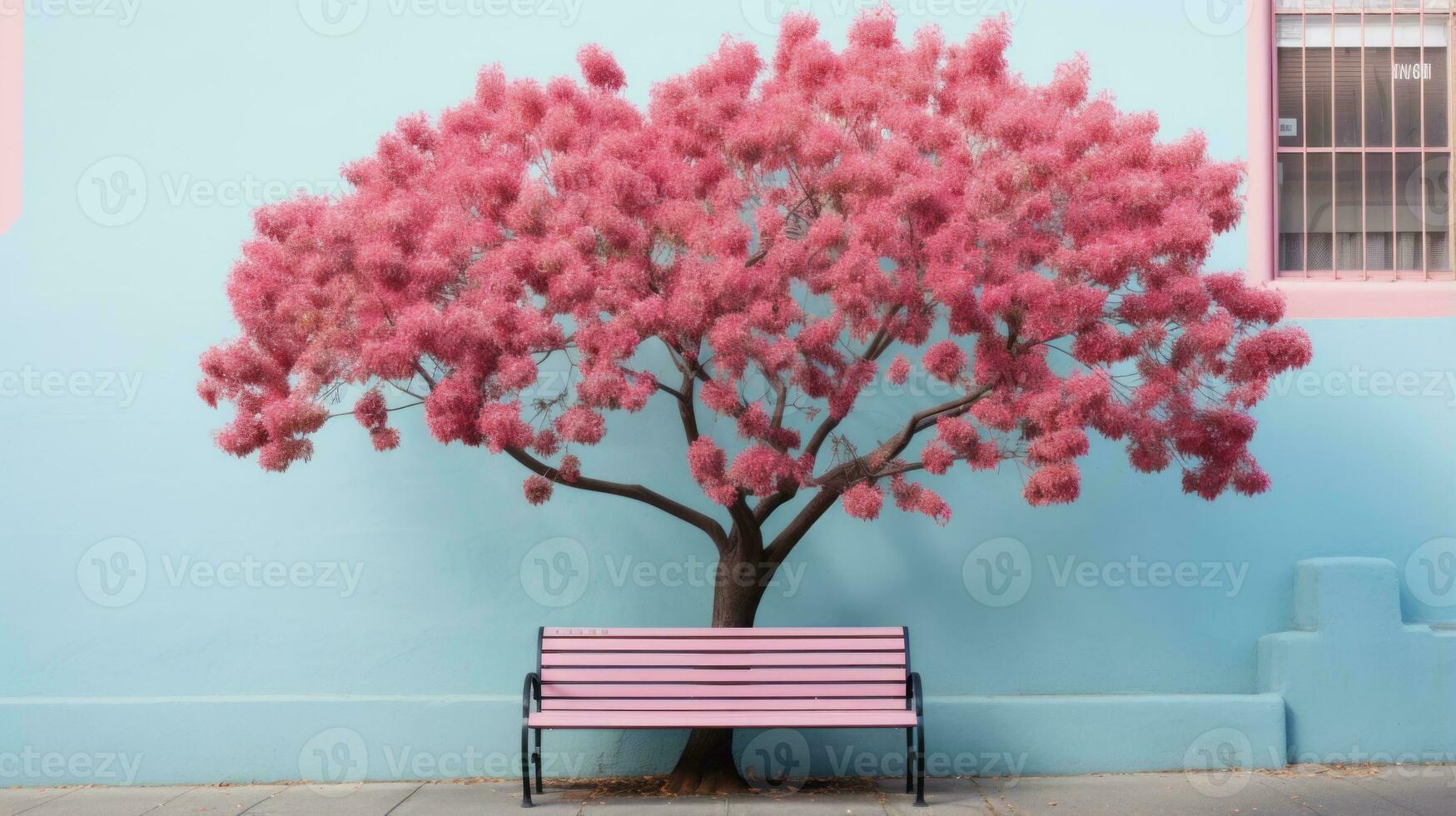 a bench under a pink tree in front of a blue wall generative ai photo