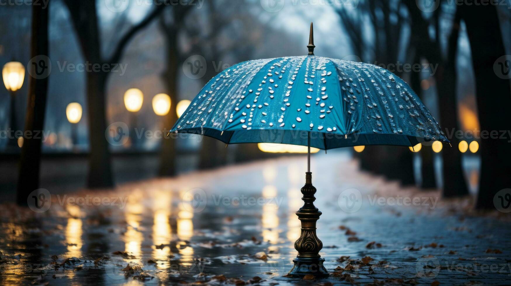 a blue umbrella sitting on the ground in the rain generative ai photo