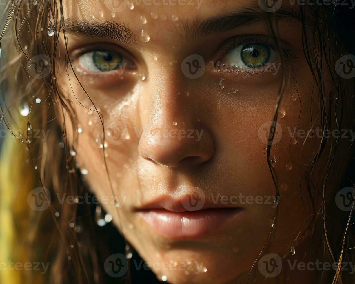 a close up of a woman with wet hair generative ai photo