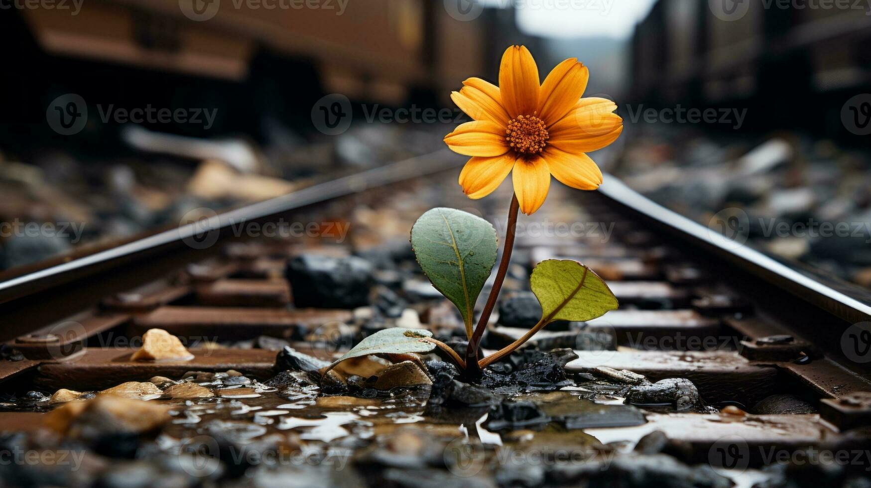 a flower growing on the tracks of a train track generative ai photo