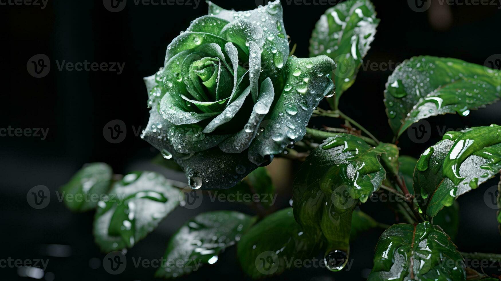 a green rose with water droplets on it generative ai photo