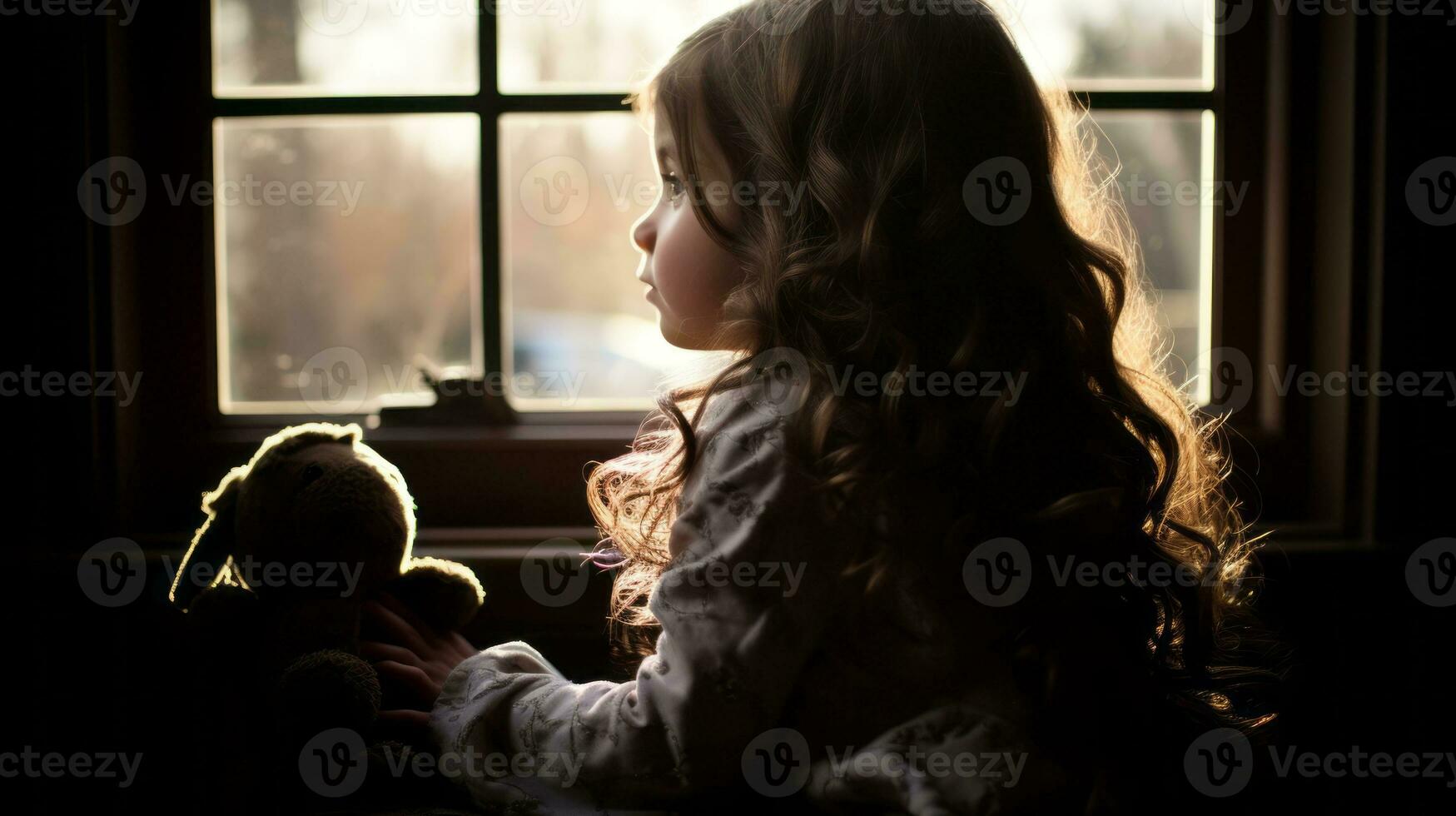 a little girl sitting in front of a window with a teddy bear generative ai photo