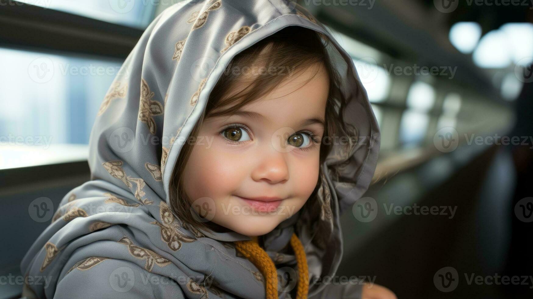 a little girl wearing a gray hoodie and looking at the camera generative ai photo