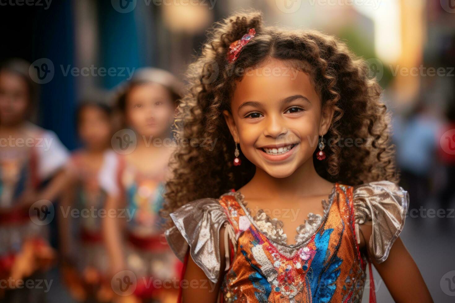 a little girl with curly hair is smiling in front of a group of dancers generative ai photo