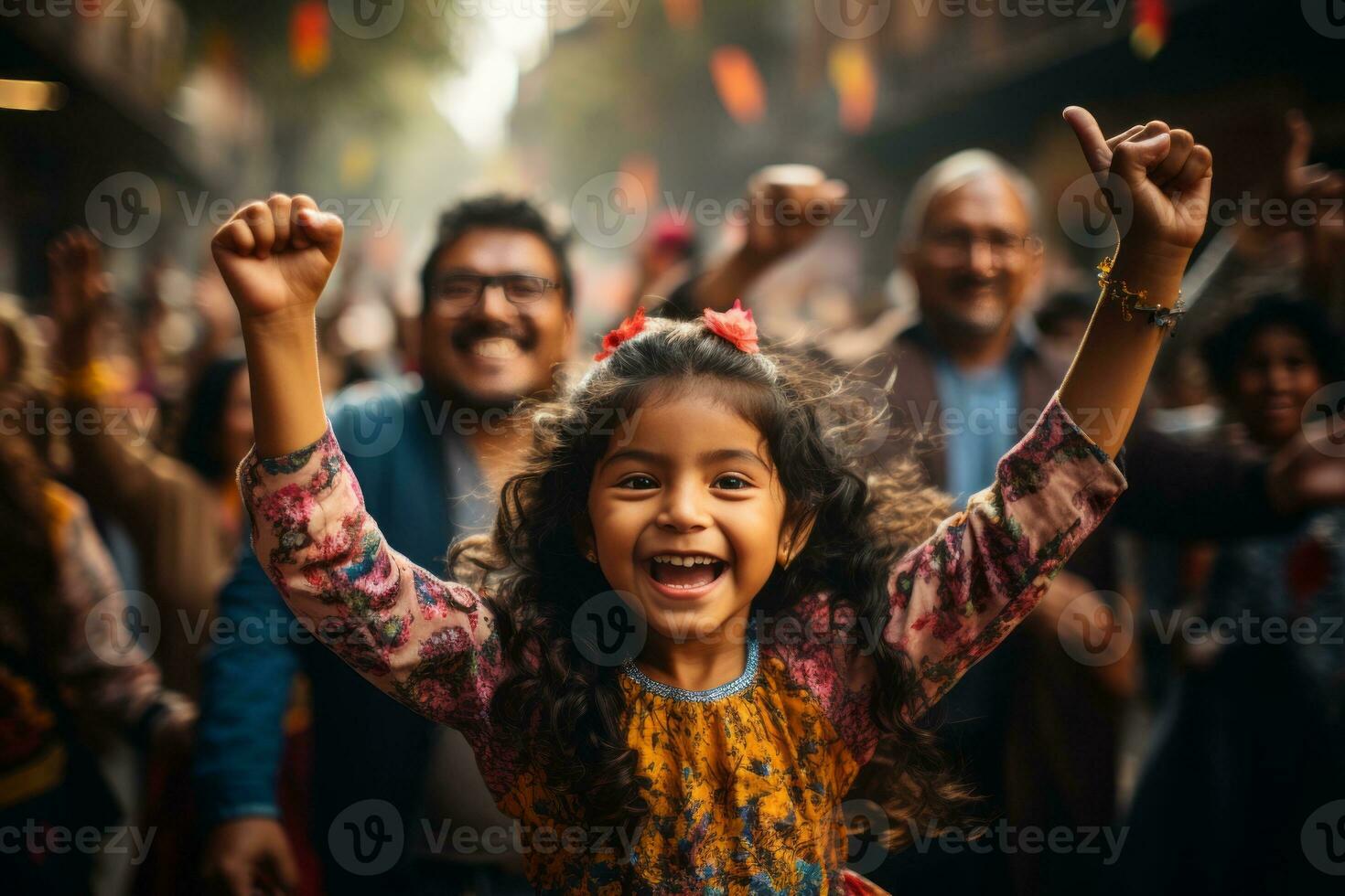 a little girl with her hands up in the air in front of a crowd generative ai photo