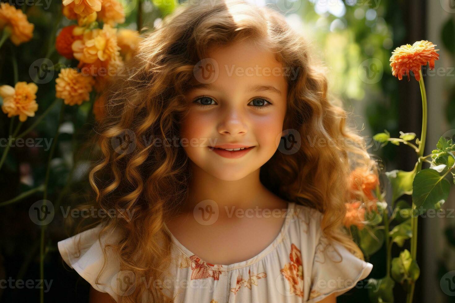 a little girl with long curly hair standing in front of orange flowers generative ai photo