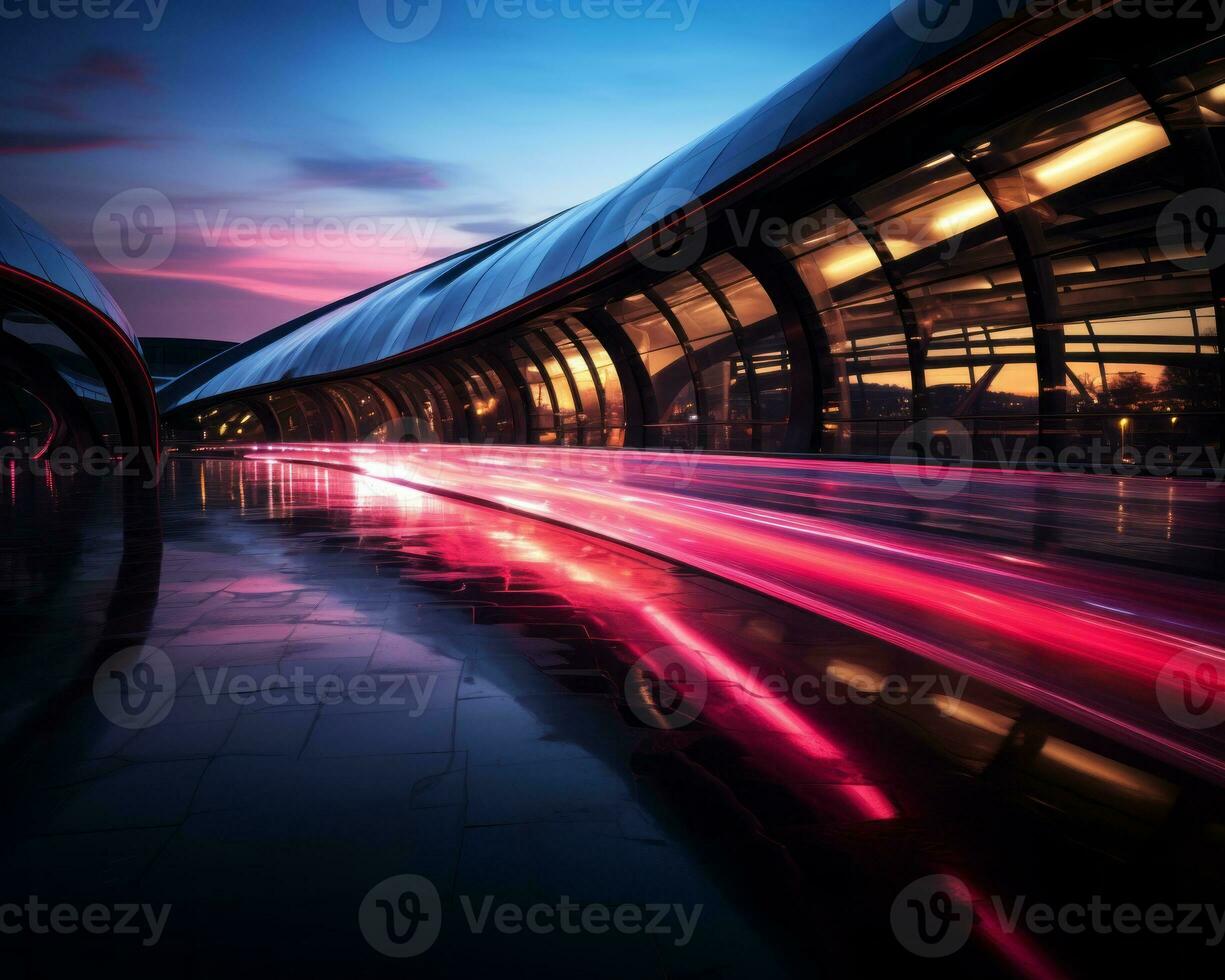 a long exposure photograph of a train passing through a tunnel at dusk generative ai photo