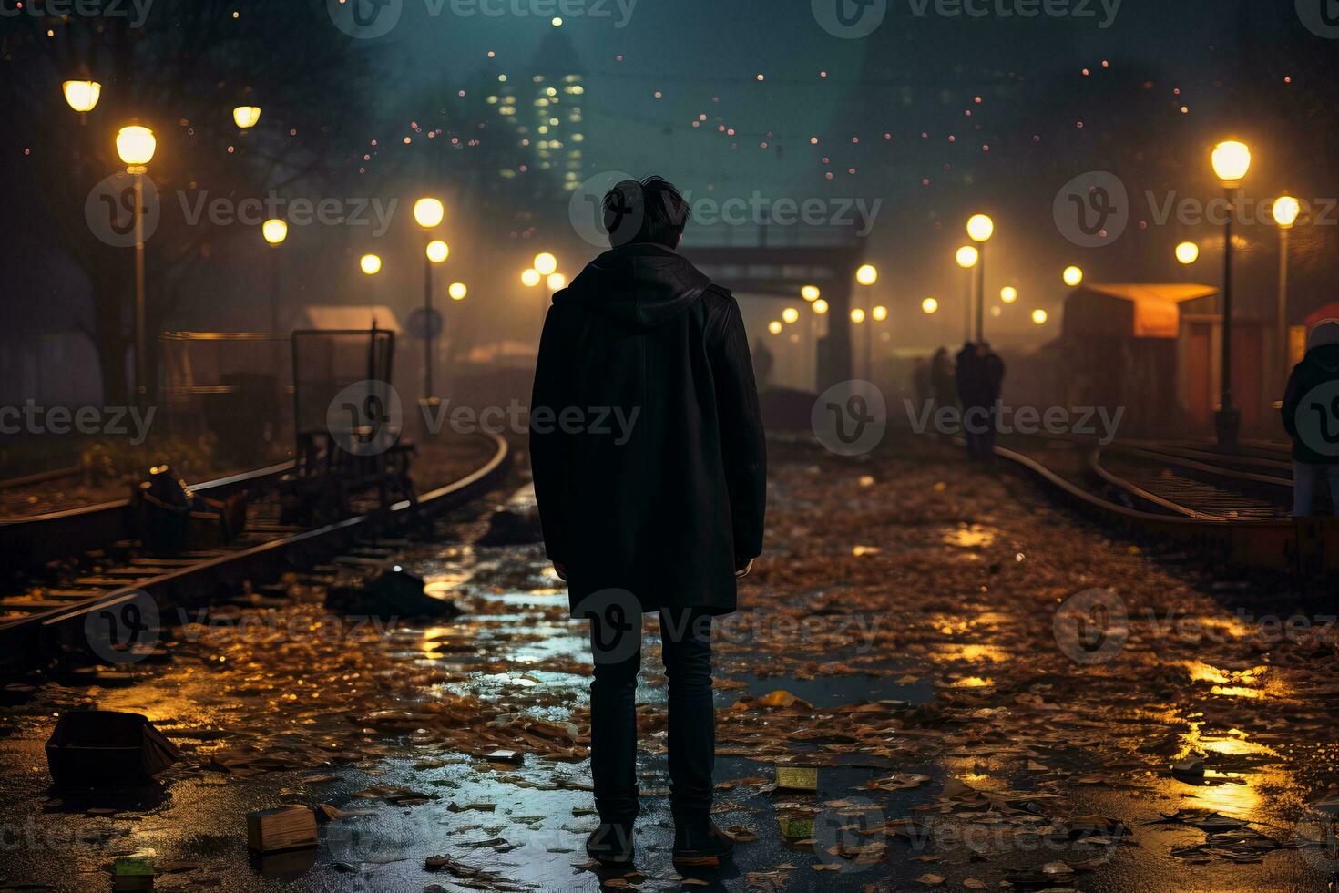 a man in a black coat stands on a train track at night generative ai photo