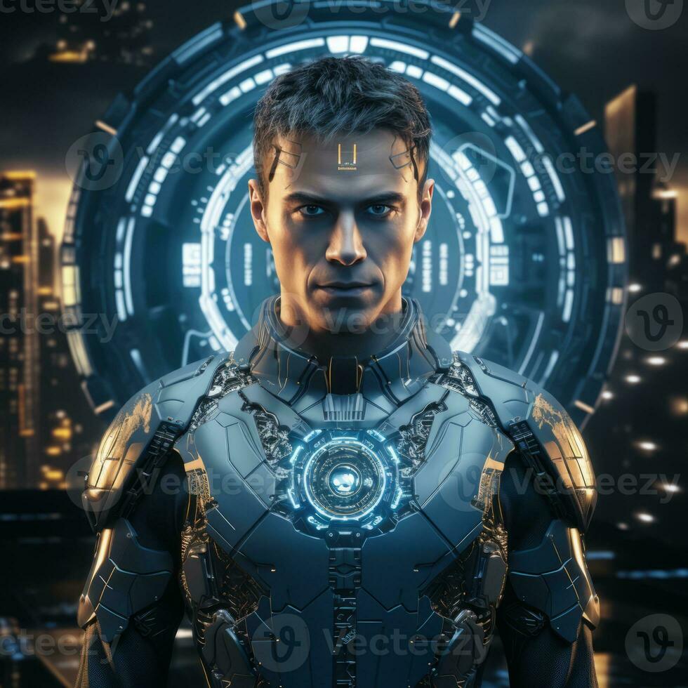 a man in a futuristic suit standing in front of a futuristic city generative ai photo