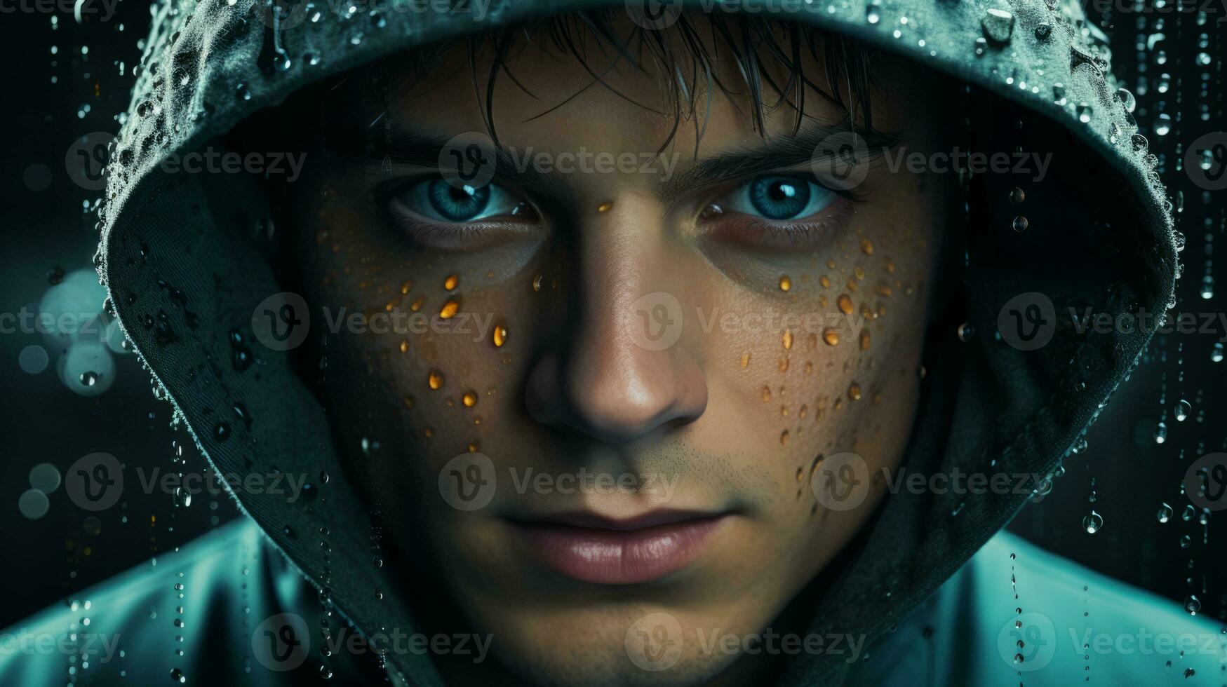 a man in a hoodie with rain drops on his face generative ai photo