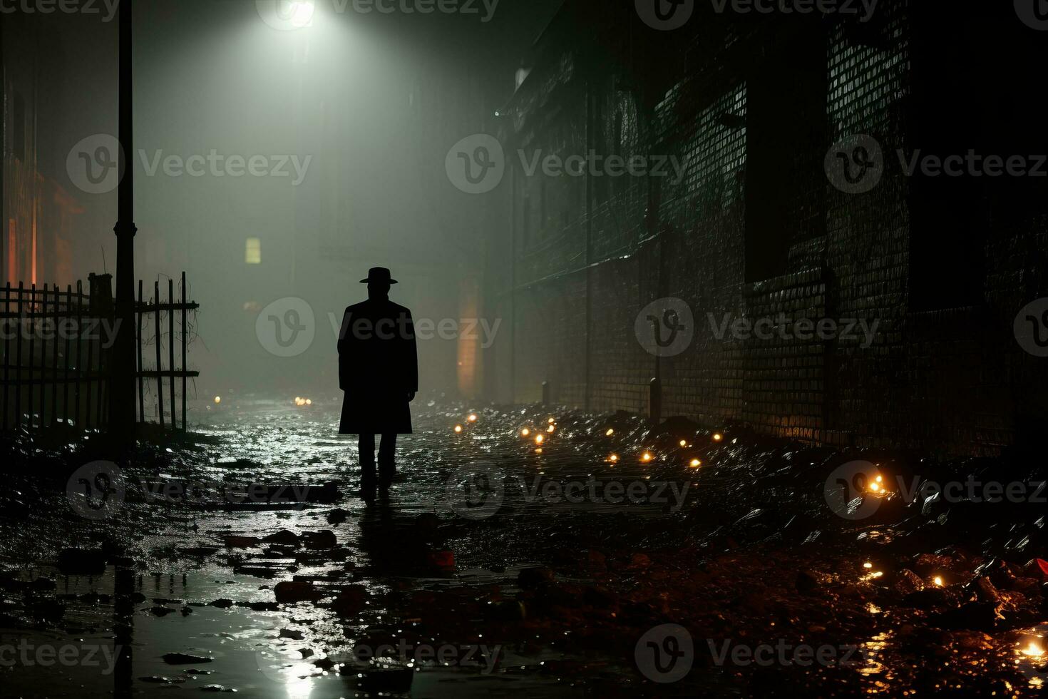 a man in a hat walks through a dark alley at night generative ai photo