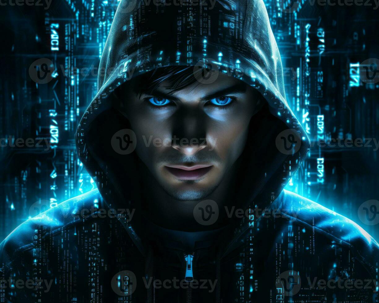 a man in a hoodie with blue eyes generative ai photo