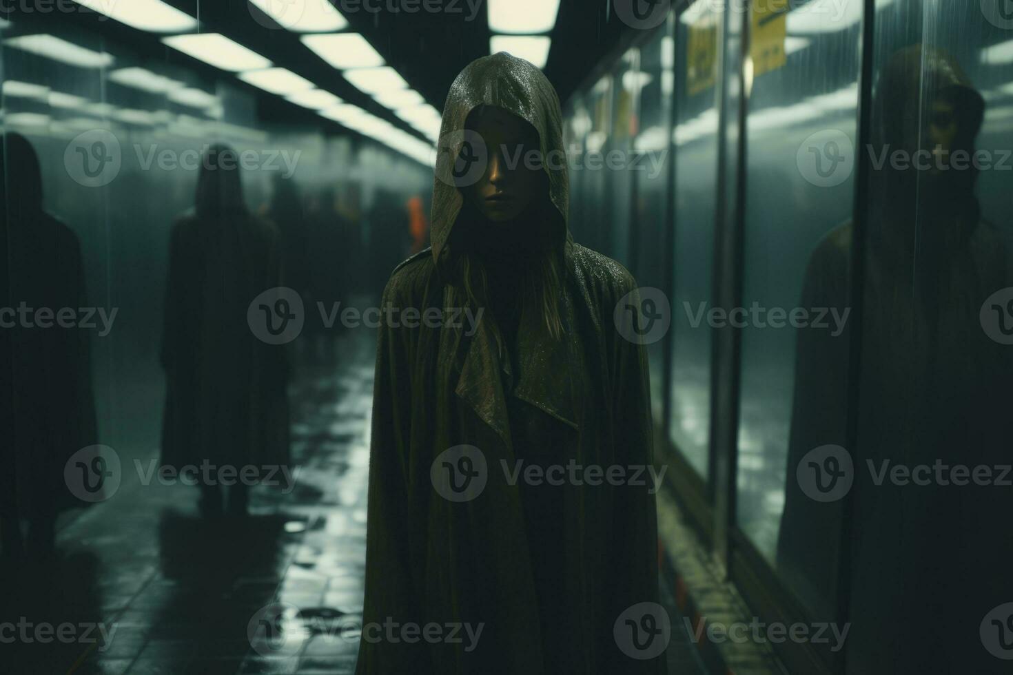 a man in a hooded cloak is standing in a subway generative ai photo