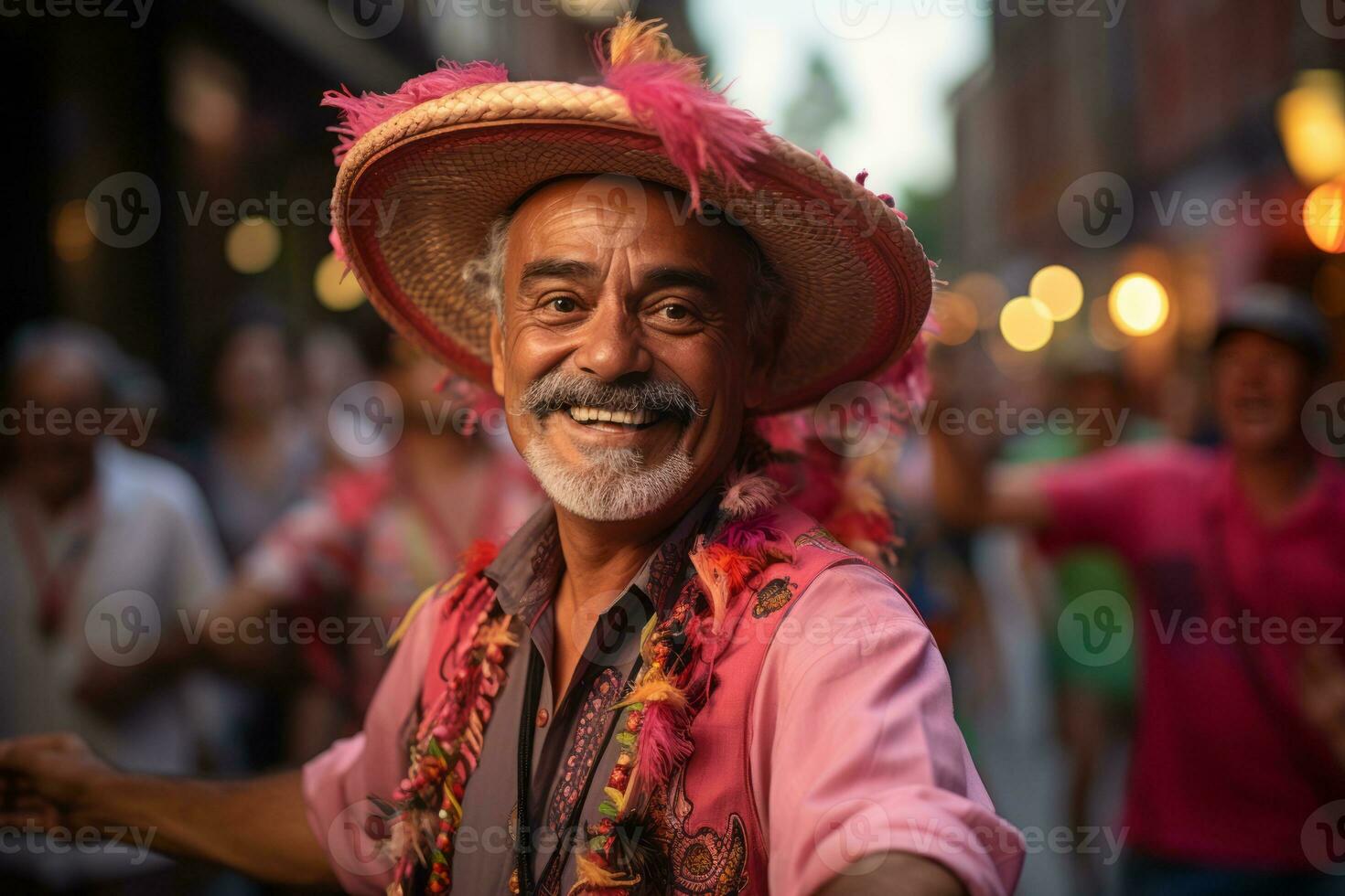 a man in a pink shirt and hat dancing in the street generative ai photo