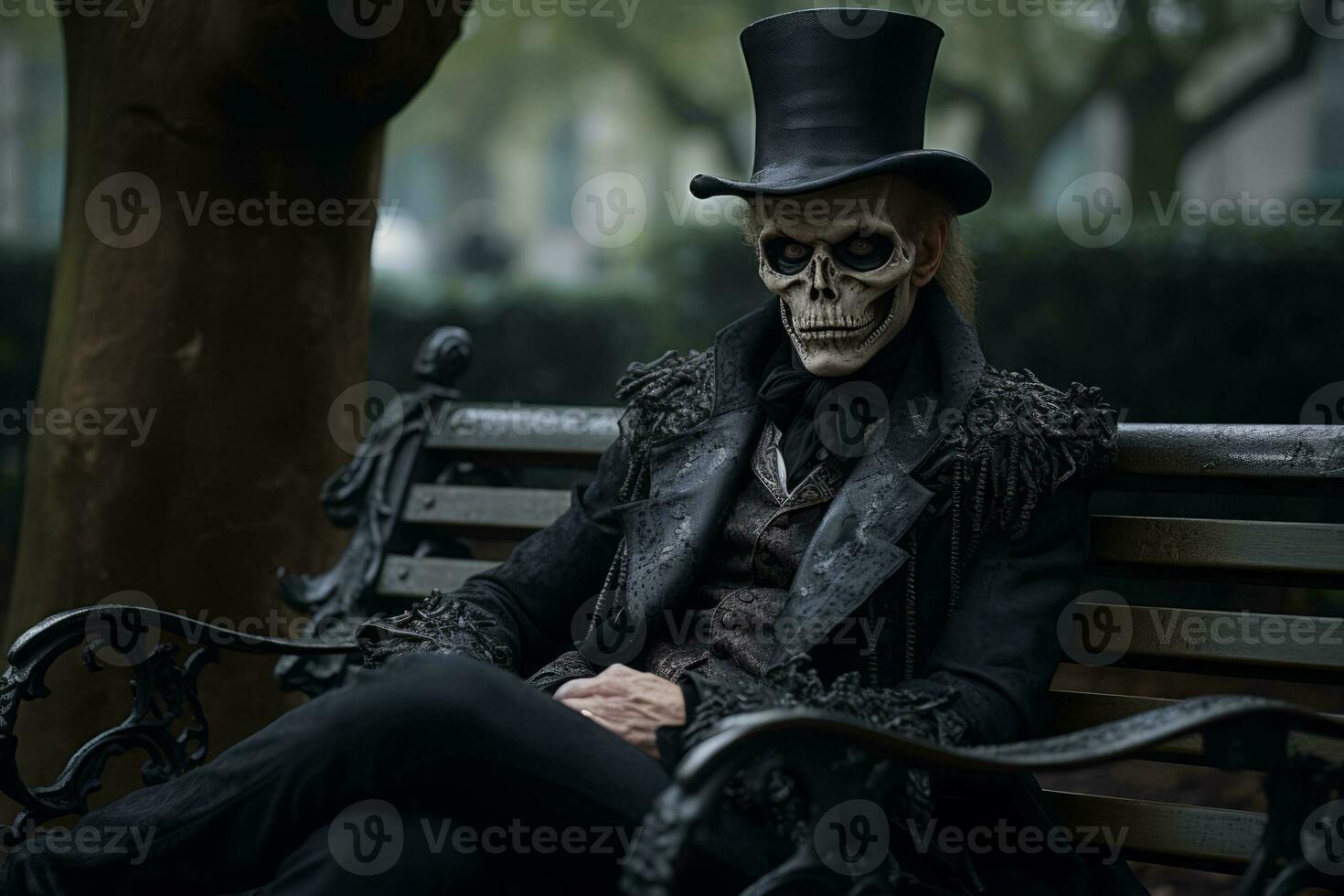 a man in a top hat sitting on a park bench generative ai photo
