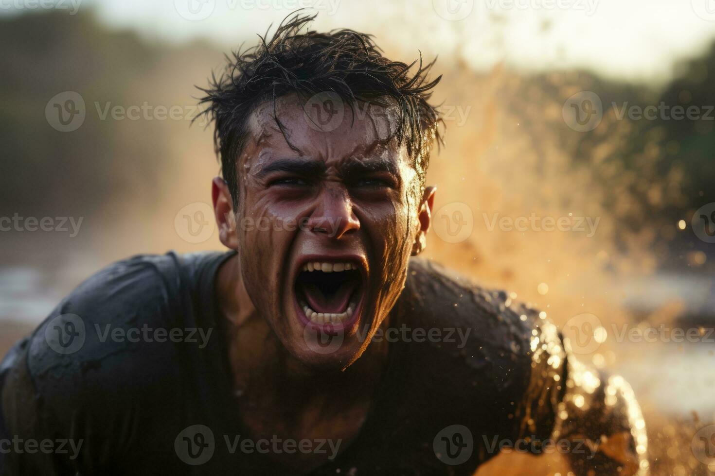 a man is running in the mud with his mouth open generative ai photo