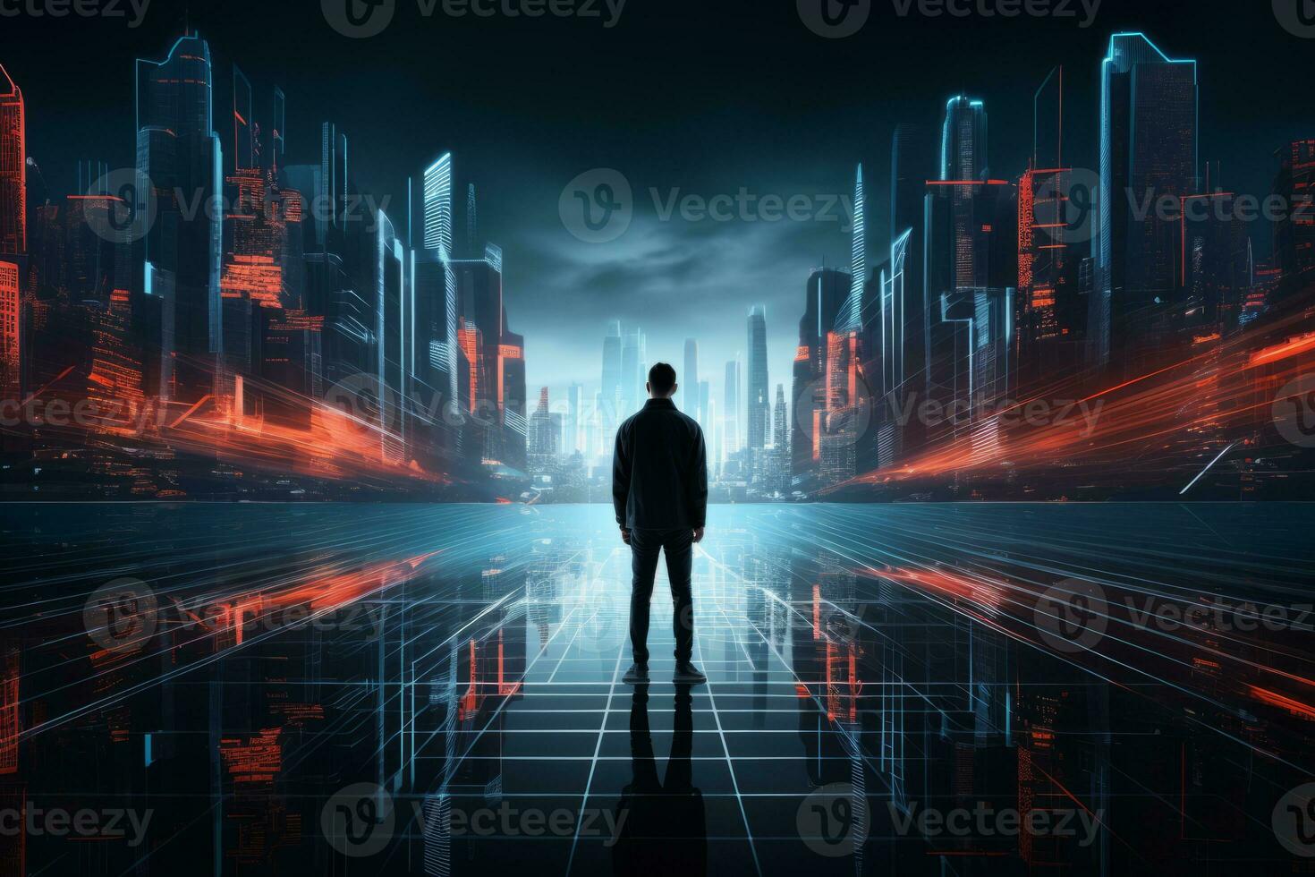 a man standing in front of a futuristic city at night generative ai photo