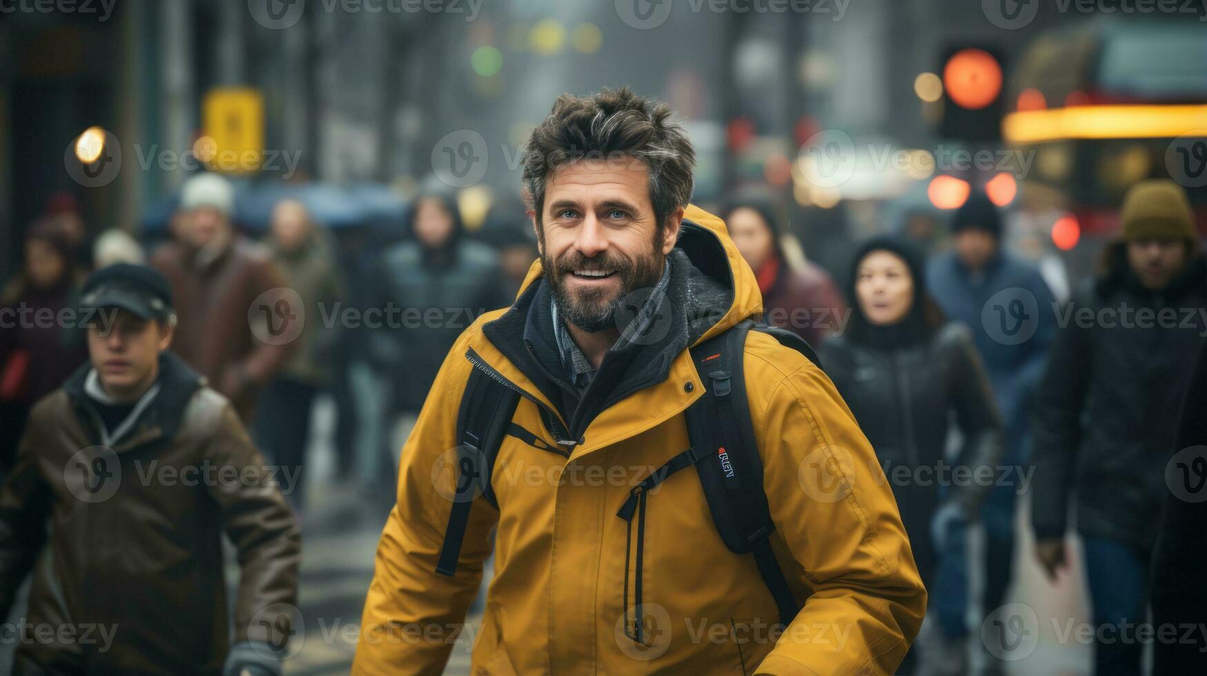 a man with a beard and a yellow jacket walking down the street generative ai photo