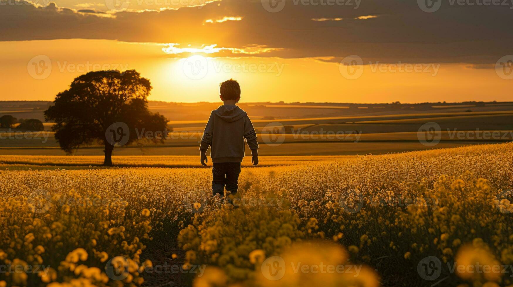 a person walking through a field of yellow flowers at sunset generative ai photo