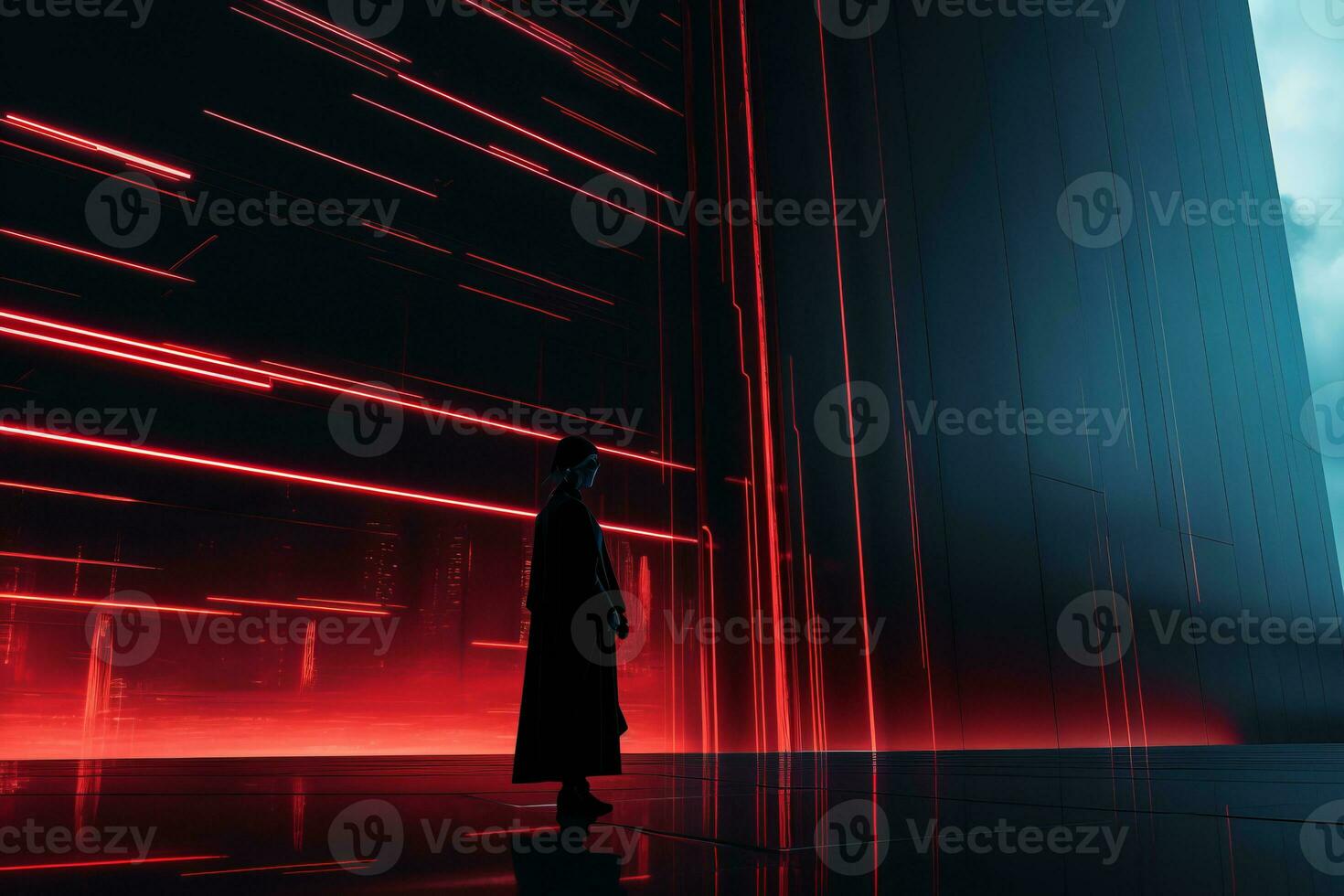 a person standing in front of a red neon light generative ai photo