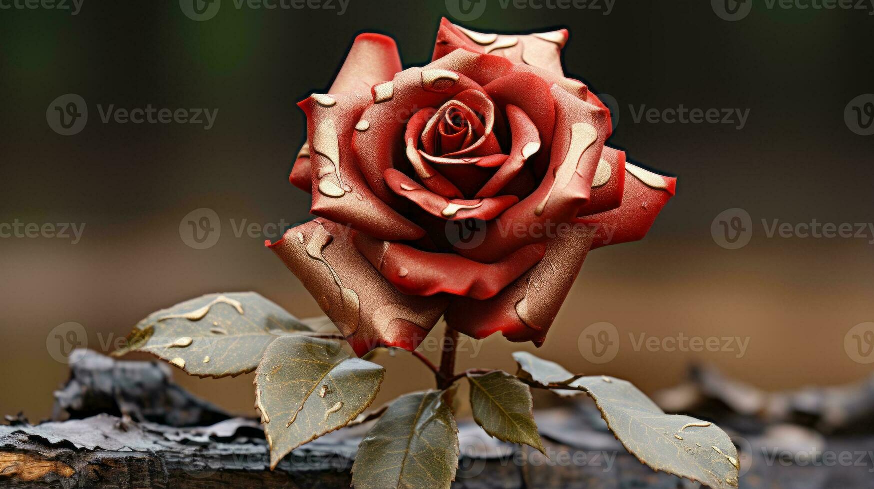 a red rose sitting on top of a tree stump generative ai photo