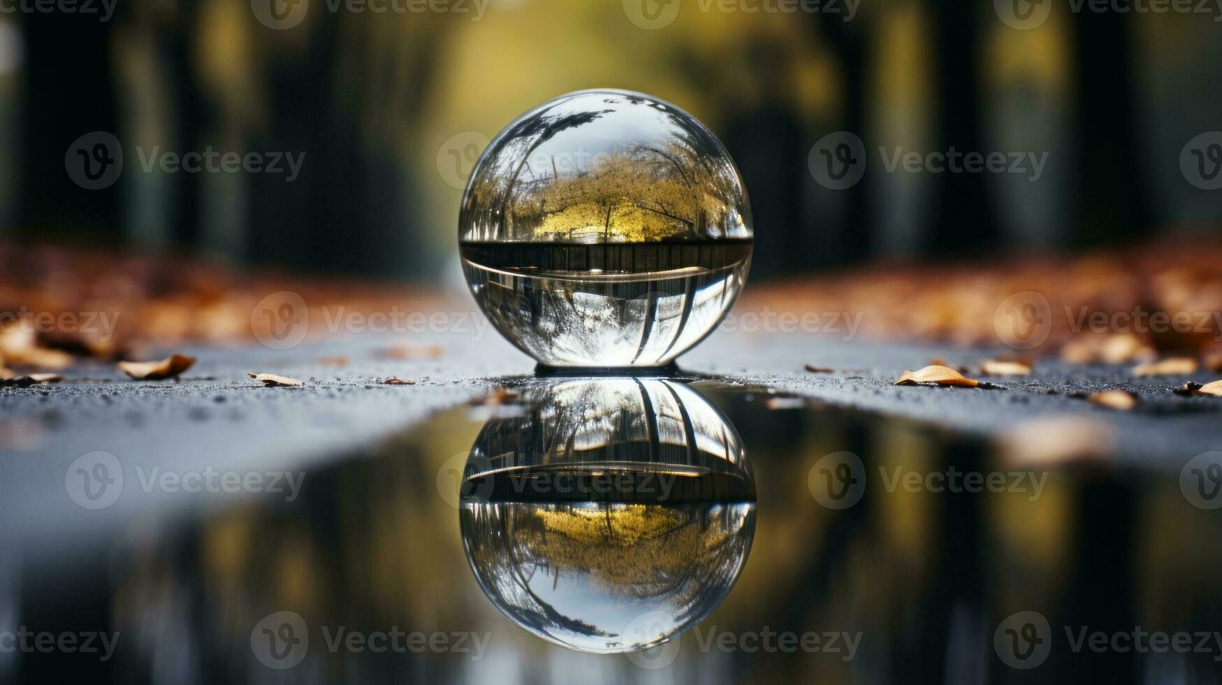 a reflection of a tree in a glass ball on a wet road generative ai photo