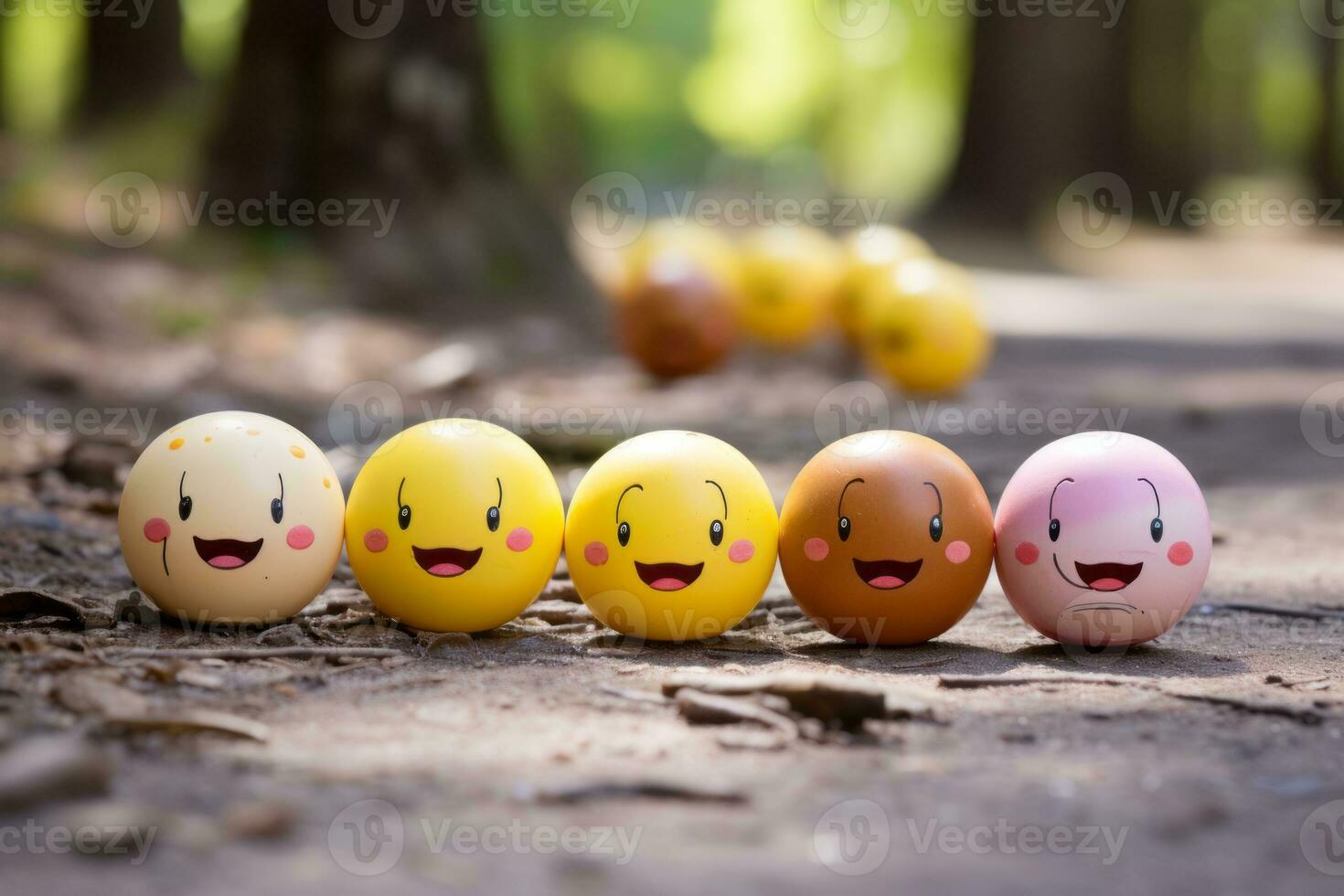 a row of colorful eggs with faces on them in the forest generative ai photo