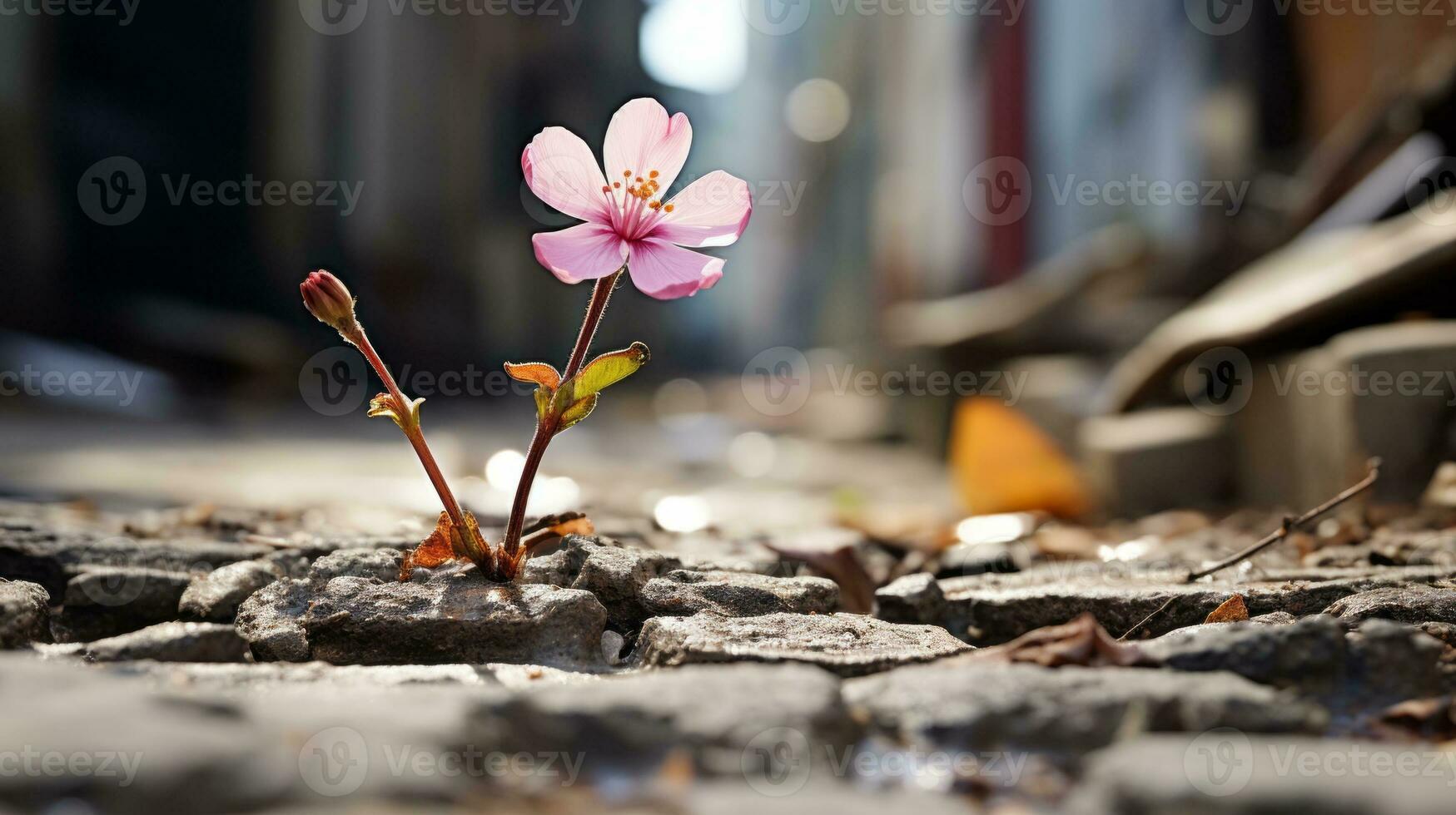 a single pink flower is growing out of a crack in the pavement generative ai photo