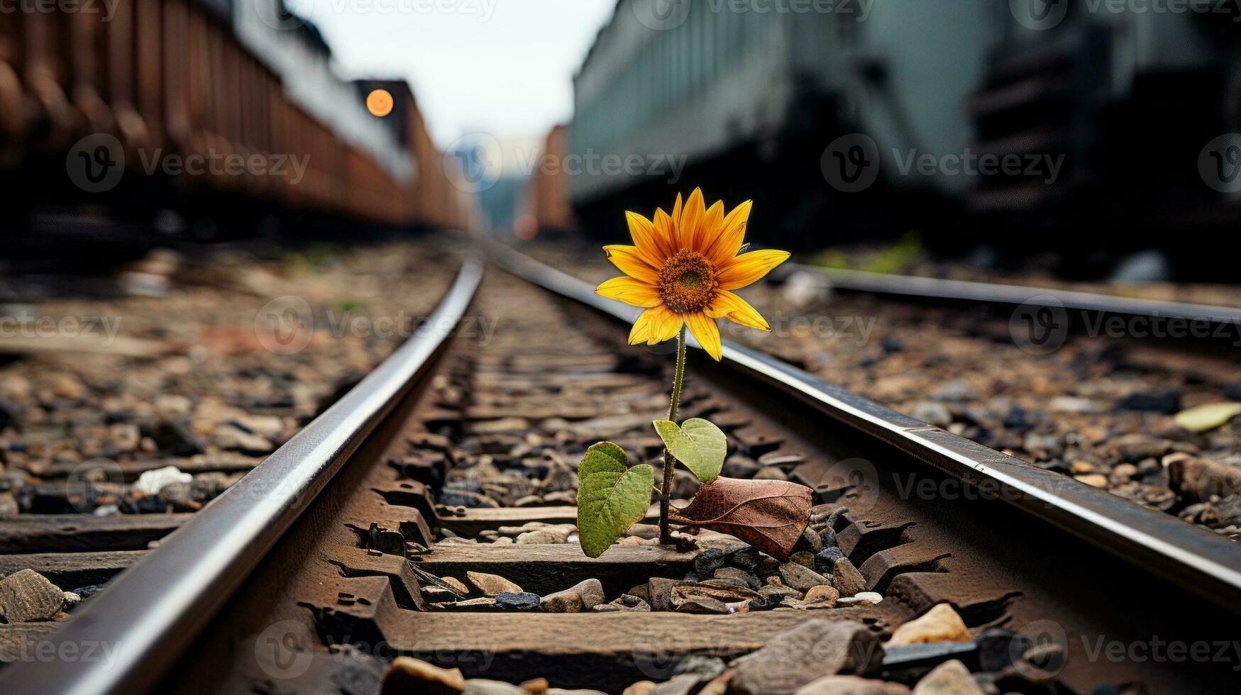 a single sunflower growing on the tracks of a train track generative ai photo