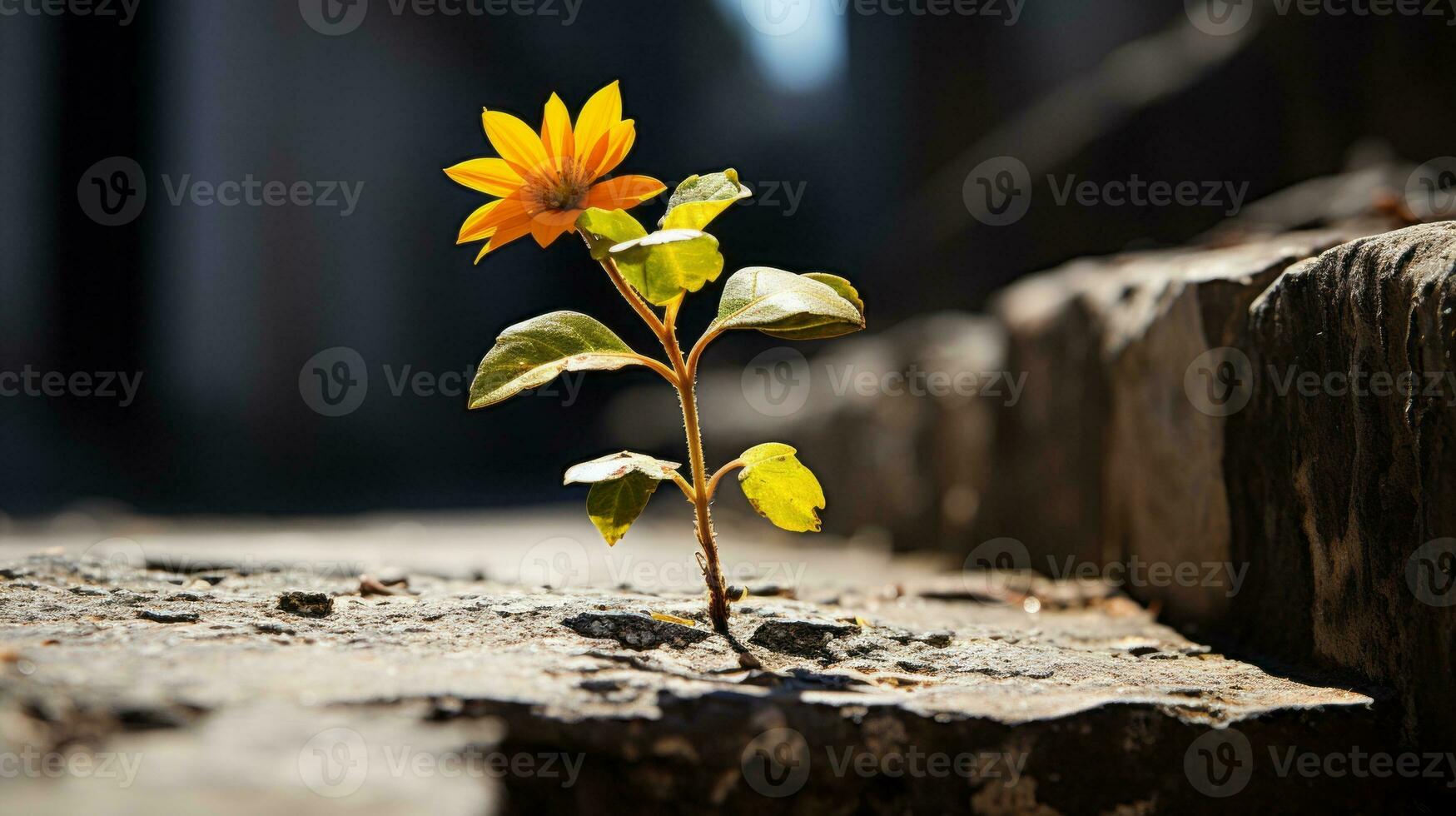 a single yellow flower growing out of a crack in the ground generative ai photo
