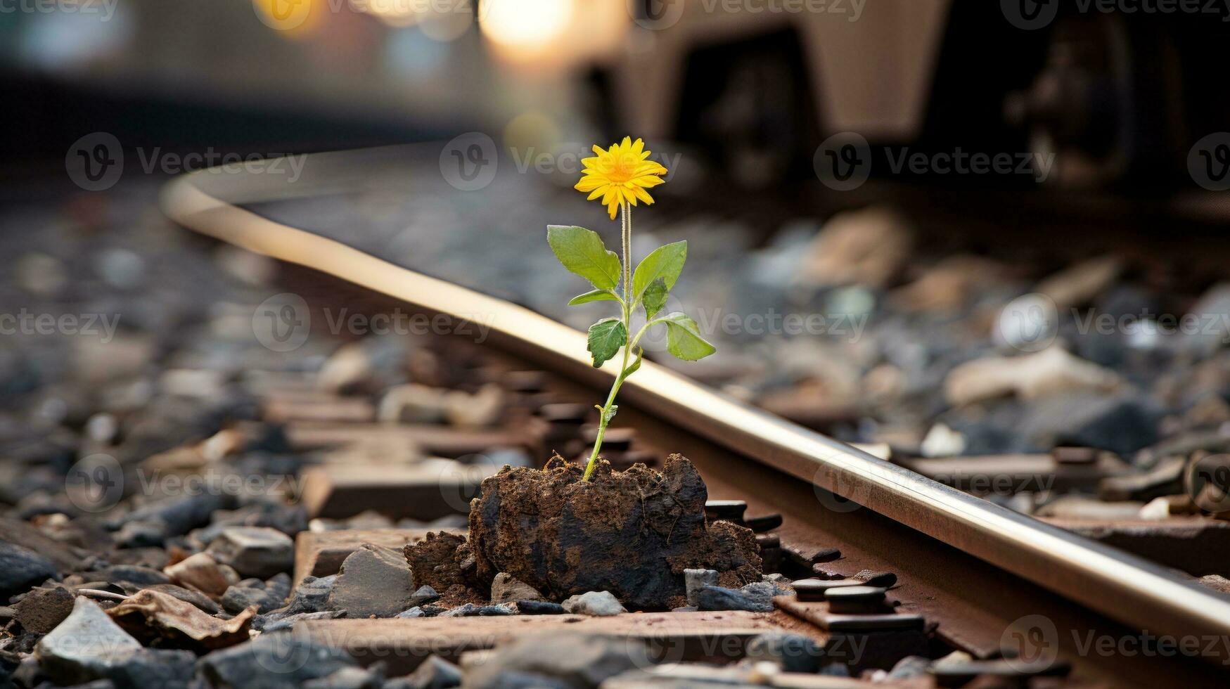 a single yellow flower is growing out of the ground on a railroad track generative ai photo